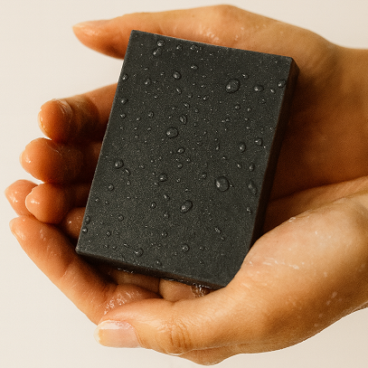 Hand holding a black bar of soap with water droplets on a beige background