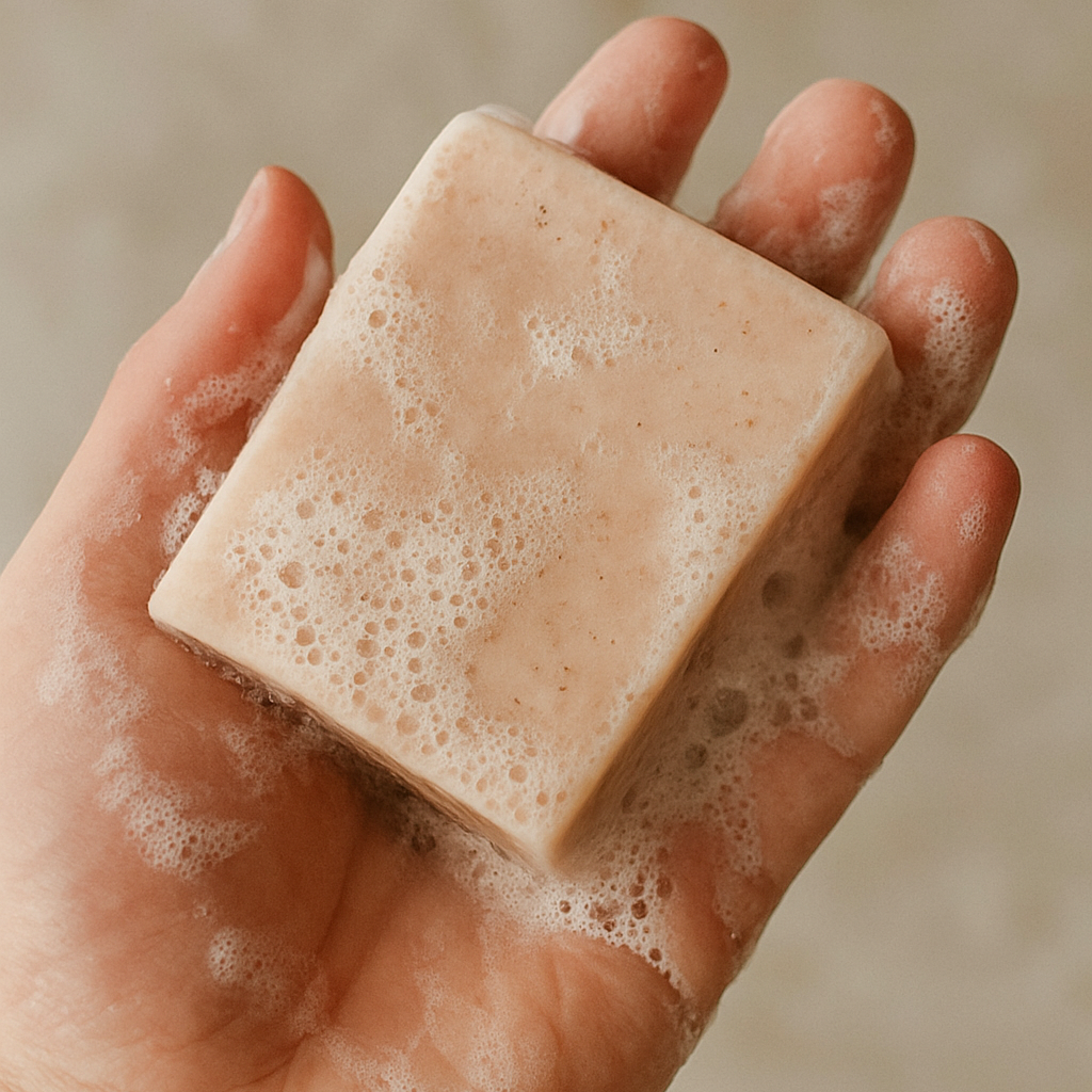 Hand holding a bar of soap with foam against a neutral background